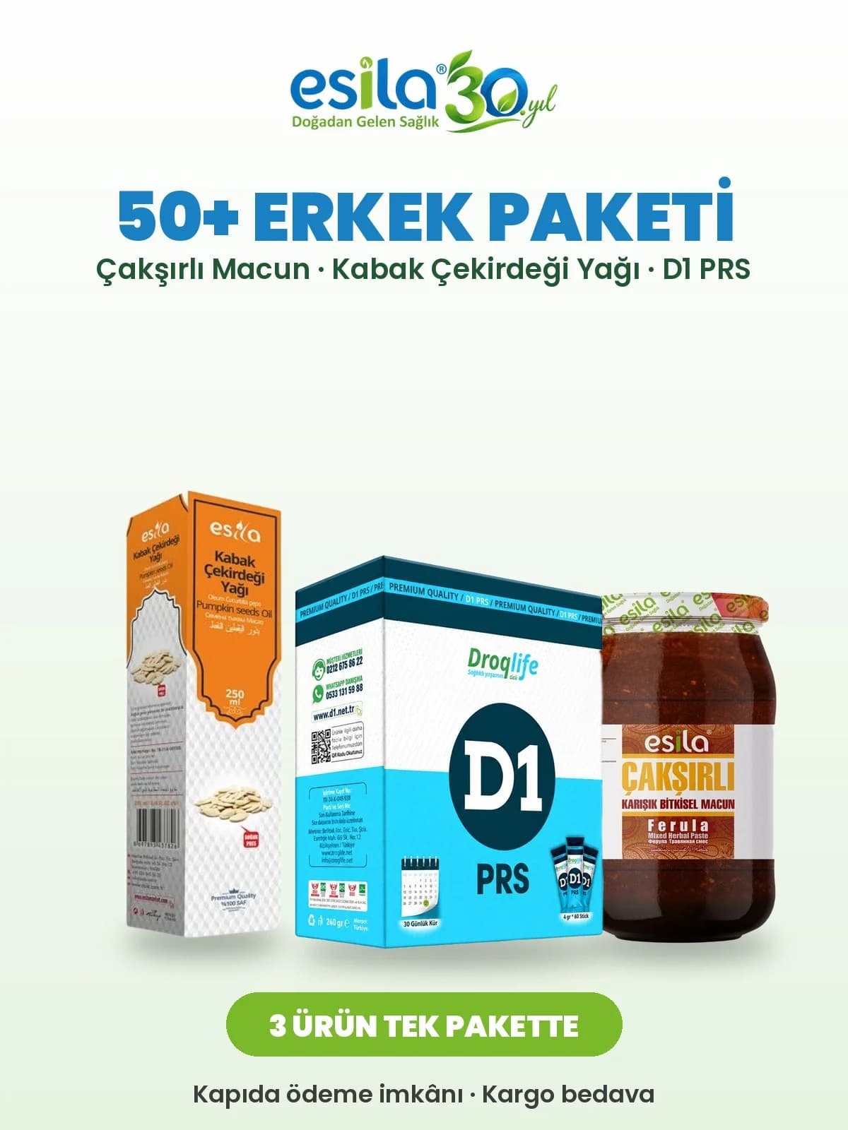50+ Erkek Paketi – D1 PRS, Çakşırlı Macun, Kabak Çekirdeği Yağı 250 ml Esila 30. Yıl Özel